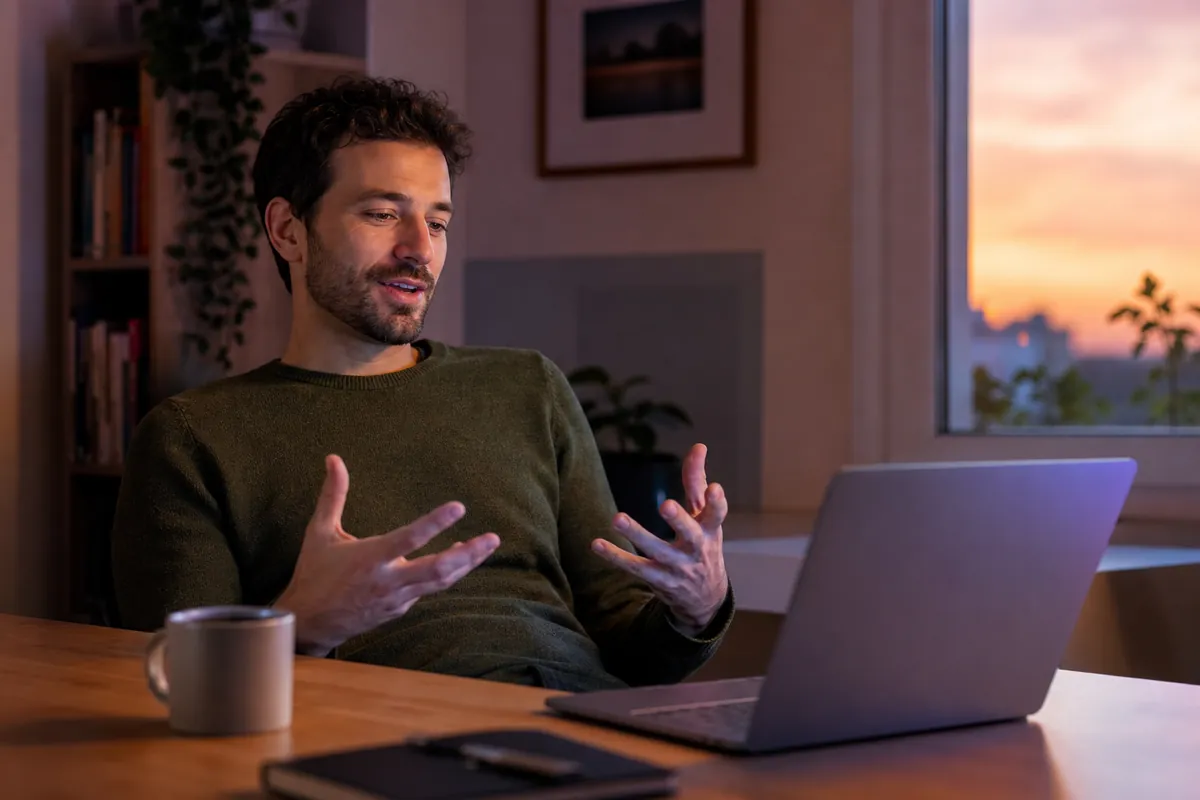 A man leaning back at his desk, gesturing while dictating to his laptop with Vito instead of typing