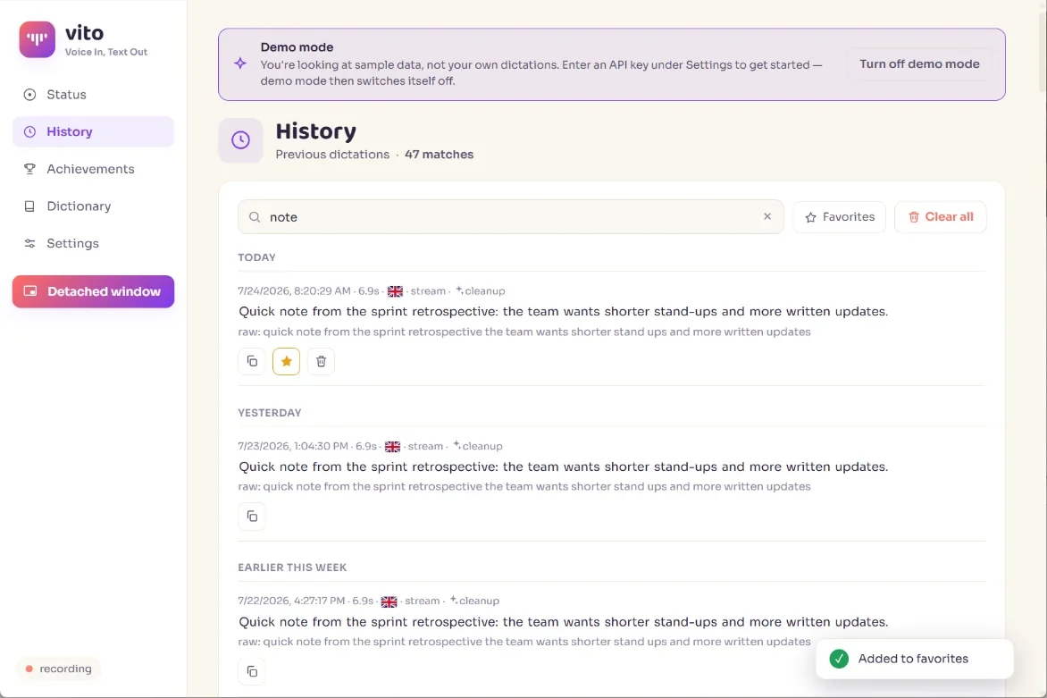 Vito's History screen showing a search for "note" with 47 matching dictations grouped by day, each with its cleaned-up text and the raw transcript underneath